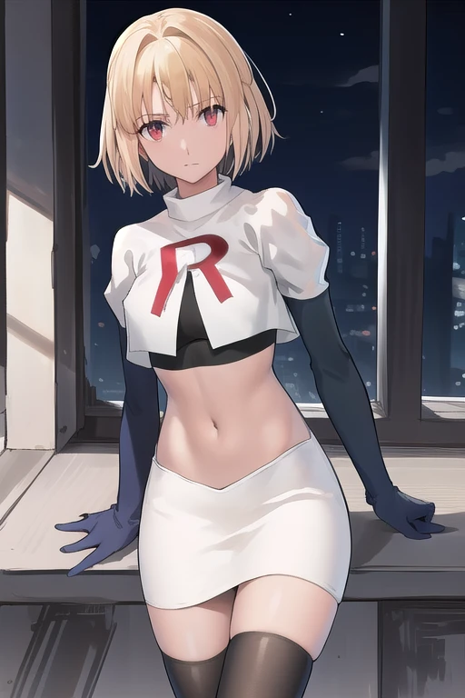 arcueid \\(tsukihime\\),arcueid \\,1girl,solo,(cowboy shot:1.2),best quality,masterpiece,original, extremely detailed 8K wallpaper, extremely delicate and beautiful,colorful,intricate detail,mature female,Perfect female,high quality,high res,medium breasts,team rocket,team rocket uniform,white skirt,red letter R,crop top,black thigh-highs,black elbow gloves