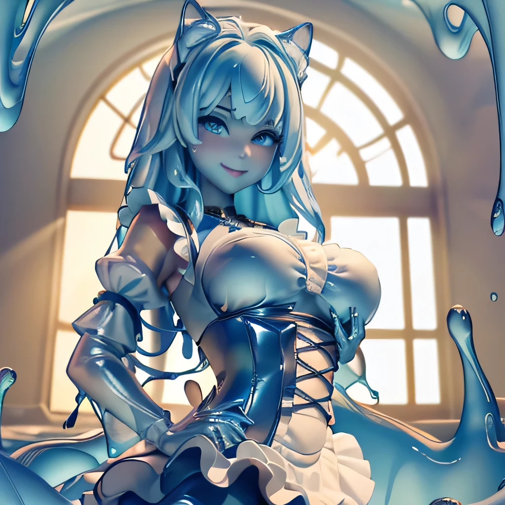  ((masterpiece,best quality,ultra-delicate,Perfect Face,16k,high resolution,very beautiful girl)),blue slime girl,high viscosity slime blue body,black and white maid dress:1.5,cat ears,large breasts,,smile,,standing,blue slimy caves,melting legs,