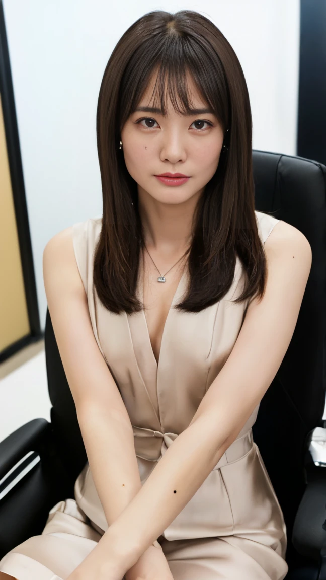 (top-quality, 16K, ​masterpiece:1.3), (ultra detailed), (masterpiece) raw photo, photo realistic, (best quality), Highest quality, Realistic, surreal, Highest quality, Extremely detailed CG, Very delicate, 16K wallpaper, High resolution, BREAK 30歳, ((no makeup:1.5)), ((There is a mole just below the eye:1.5)), ((captures a selfie:1.5)), BREAK ((sad:1.5)), ((crying:1.5)), ((silky hair:1.2)), ((beautiful straight long hair:1.5)), ((asymmetrical bangs)), ((UNTITLED business suits)), ((A very simple necklace)), ((Japanese office at night:1.5)), ((sitting in an office chair:1.4)), ((leaning back:1.5)), Japanese, BREAK slender body, ((skinny:1.4)), ((flat chest:1.5)), detailed skin, very detailed, detailed arms, ((short arms:1.2)), ((short neck:1.2)), ((detailed fingers:1.5)), ((detailed hands)), detailed eyes, detailed legs, accurate and perfect human anatomy, real human skin, BREAK ((POV shot)), ((upper body)), ((look into the viewer's eyes)), ((looking at viewer)), ((Front view)), ((from front)),