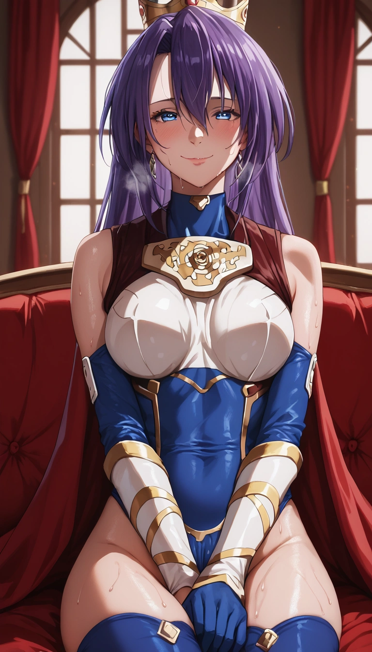 score_9, score_8_up, score_7_up, score_6_up, uncensored, arthur pencilgon, long hair, blue eyes, hair between eyes, very long hair, purple hair, BREAK detailed eyes, beautiful eyes, perfect eyes, assertive female, (perfect hands, perfect anatomy), detailed skin texture, (blush:0.5), (goosebumps:0.5), excessive sweating, sweating profusely, sweating drop BREAK, ruanyi0919,blue leotard,blue thighhighs,blue sleeves,blue gloves,crown,fur-trimmed cape,gold trim,sleeveless turtleneck leotard,red cape, 1girl, sitting, partially visible vulva, on sofa, bokeh, window, indoors, looking at viewer, half-closed eyes, weird smile, blush face, gasping, heavy breathing, 