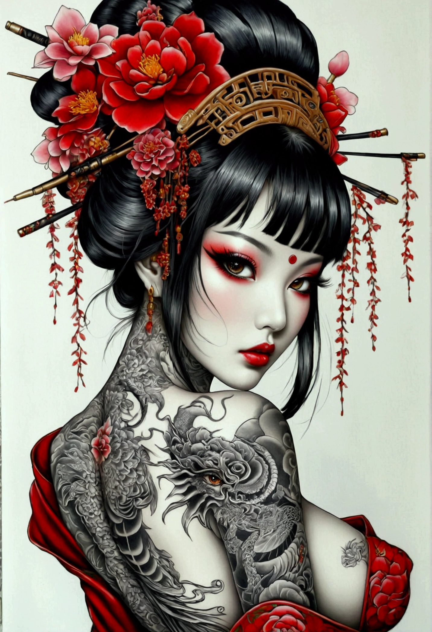 Stunningly gorgeous beautiful perfect hr giger inspired inspired tattooed sexy seductive Geisha , perfect face, hyper detailed vibrant eyes, large breasts, full body view, nude, no color black and gray only,