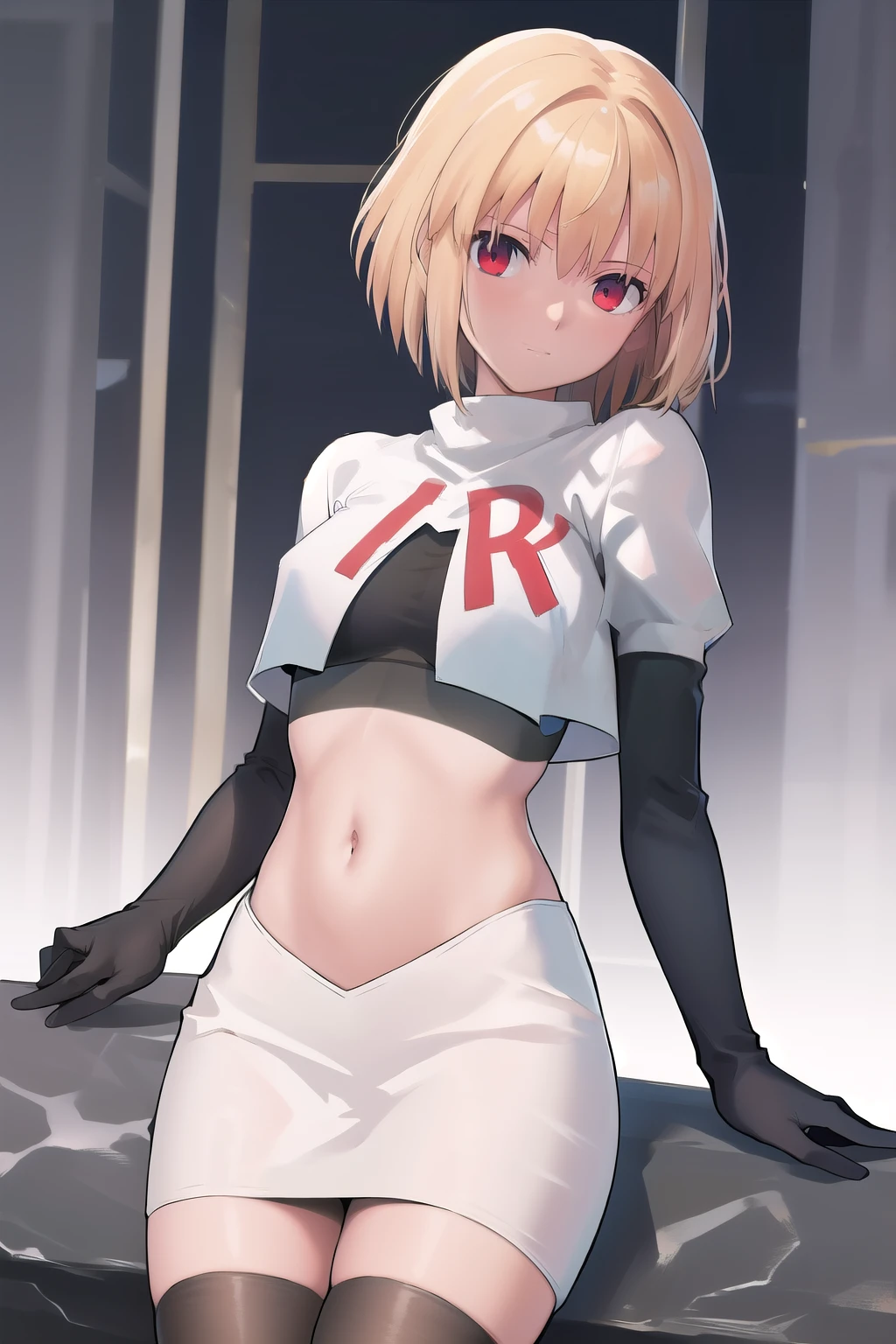 arcueid \\(tsukihime\\),arcueid \\,1girl,solo,(cowboy shot:1.2),best quality,masterpiece,original, extremely detailed 8K wallpaper, extremely delicate and beautiful,colorful,intricate detail,mature female,Perfect female,high quality,high res,medium breasts,team rocket,team rocket uniform,white skirt,red letter R,crop top,black thigh-highs,black elbow gloves