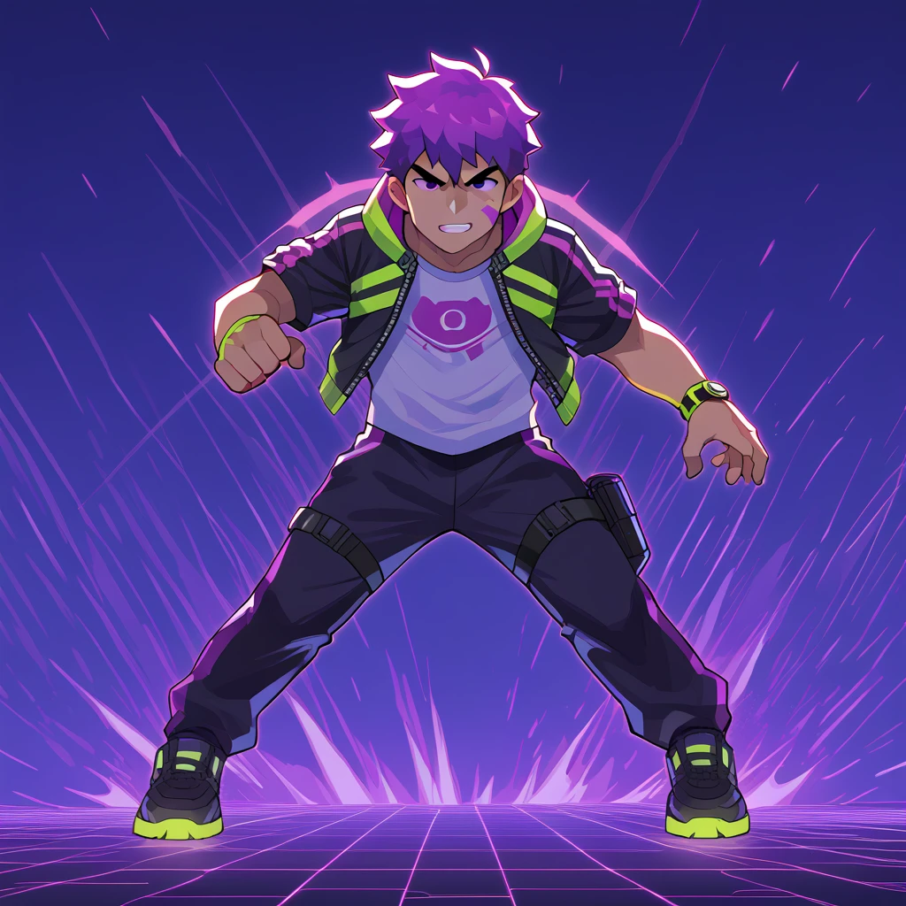 score_9, score_8_up, score_7_up, rating_explicit, source_anime, guy, Glitch boy, vector glitch design, technology, vibrant colors, stylish, action shot, purple, anime style, cartoon