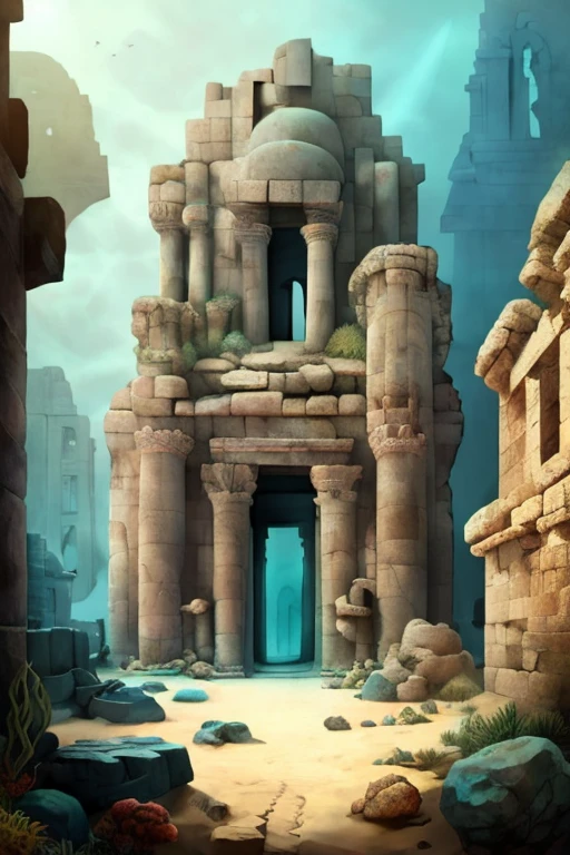 ancient architecture sunk deep under the sea, meticulous and meticulous techniques, complicated, mysterious and overwhelming, clear blue, contrasts of light and shadow, 2.5D, artistic photography, hyper realistic, graphic CG digital art, ultra detailed, absolutely resolution, best quality