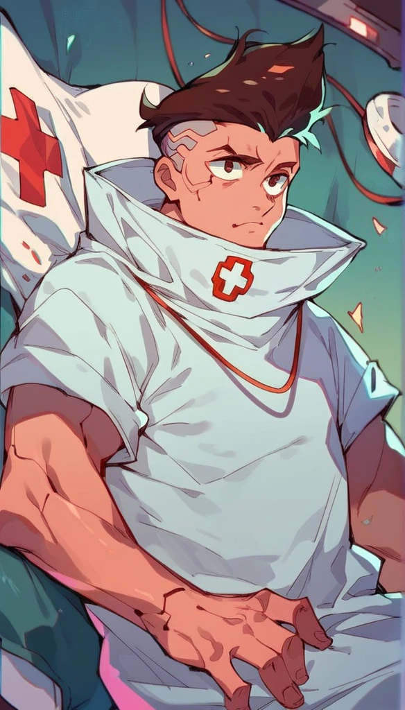 David Martinez de Cyberpunk, as a nurse, white filipina nurse, male nurse, david Cyberpunk, White high collar shirt, with medical records in hand, David Martinez