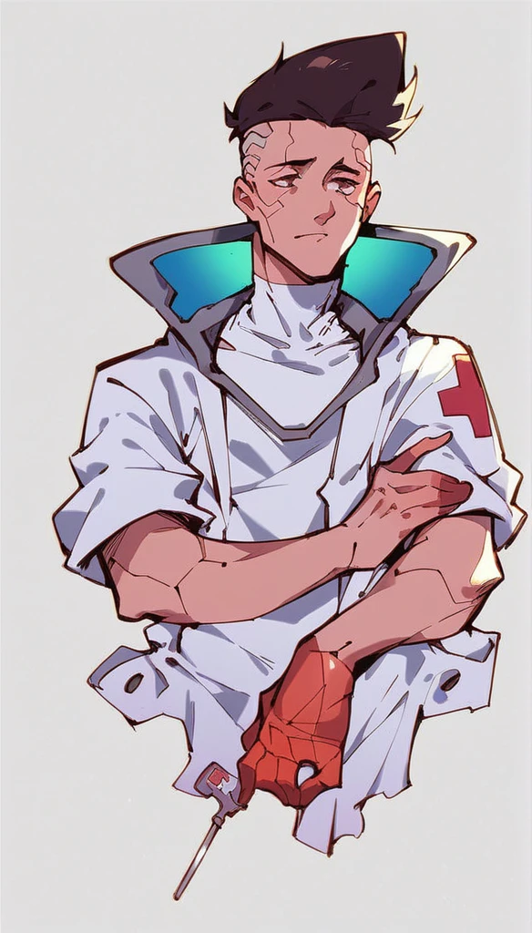 David Martinez de Cyberpunk, as a nurse, white filipina nurse, male nurse, david Cyberpunk, White high collar shirt, with medical records in hand, David Martinez