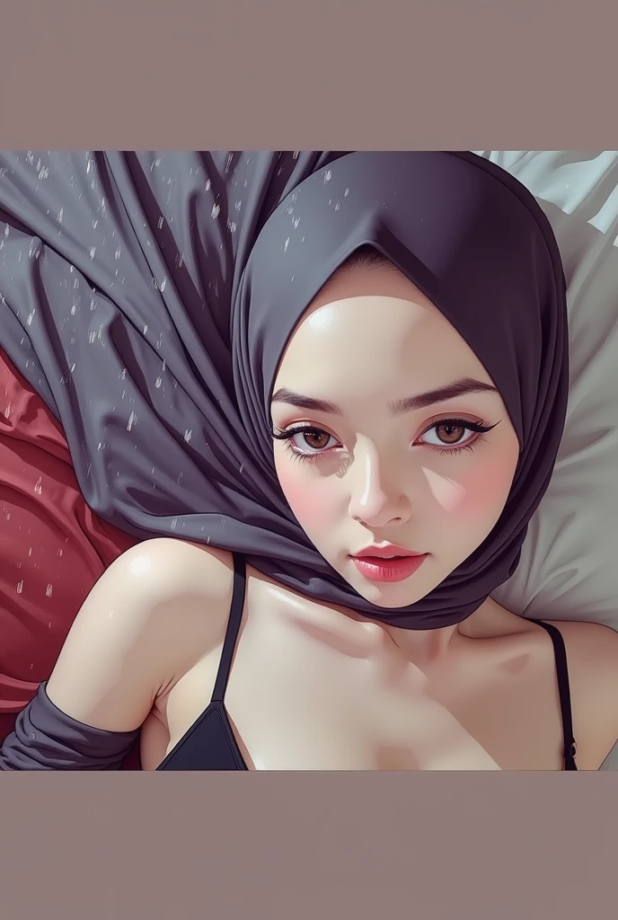 Masterpiece, anime, best quality, best lighting, 1 girl photo solo, beautifully makeup, Parted Lips, Detailed Eyes, beautiful big eyes, long eye lashes, smile, wearing ((Dark gray satin headscarf)), loosely tide hijab style, ((Taupe satin shirt)), satin long skirt, sleeping on a bed, laying on bed, cum on face, tanktop, armpits, spread legs, pussy, pussy juice