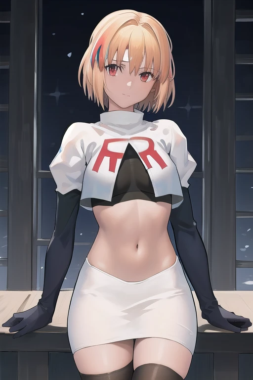 arcueid \\(tsukihime\\),arcueid \\,1girl,solo,(cowboy shot:1.2),best quality,masterpiece,original, extremely detailed 8K wallpaper, extremely delicate and beautiful,colorful,intricate detail,mature female,Perfect female,high quality,high res,medium breasts,team rocket,team rocket uniform,white skirt,red letter R,crop top,black thigh-highs,black elbow gloves