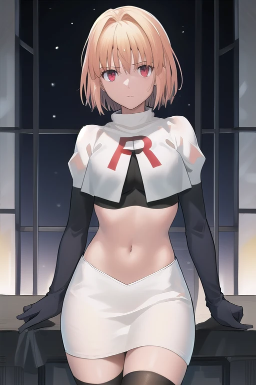 arcueid \\(tsukihime\\),arcueid \\,1girl,solo,(cowboy shot:1.2),best quality,masterpiece,original, extremely detailed 8K wallpaper, extremely delicate and beautiful,colorful,intricate detail,mature female,Perfect female,high quality,high res,medium breasts,team rocket,team rocket uniform,white skirt,red letter R,crop top,black thigh-highs,black elbow gloves