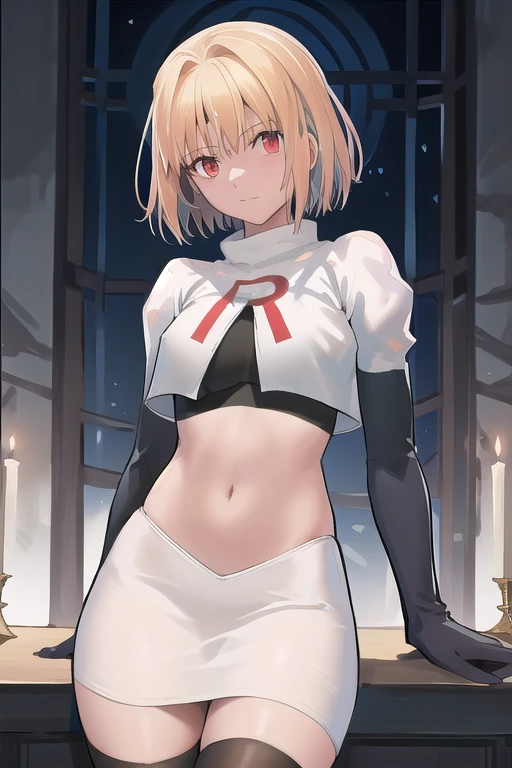 arcueid \\(tsukihime\\),arcueid \\,1girl,solo,(cowboy shot:1.2),best quality,masterpiece,original, extremely detailed 8K wallpaper, extremely delicate and beautiful,colorful,intricate detail,mature female,Perfect female,high quality,high res,medium breasts,team rocket,team rocket uniform,white skirt,red letter R,crop top,black thigh-highs,black elbow gloves