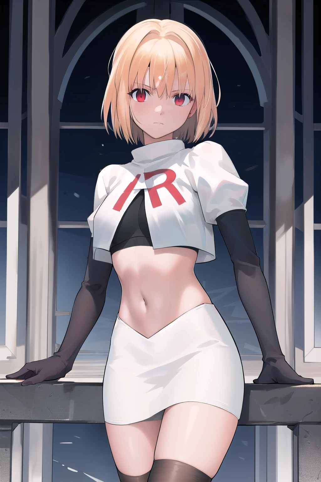 arcueid \\(tsukihime\\),arcueid \\,1girl,solo,(cowboy shot:1.2),best quality,masterpiece,original, extremely detailed 8K wallpaper, extremely delicate and beautiful,colorful,intricate detail,mature female,Perfect female,high quality,high res,medium breasts,team rocket,team rocket uniform,white skirt,red letter R,crop top,black thigh-highs,black elbow gloves