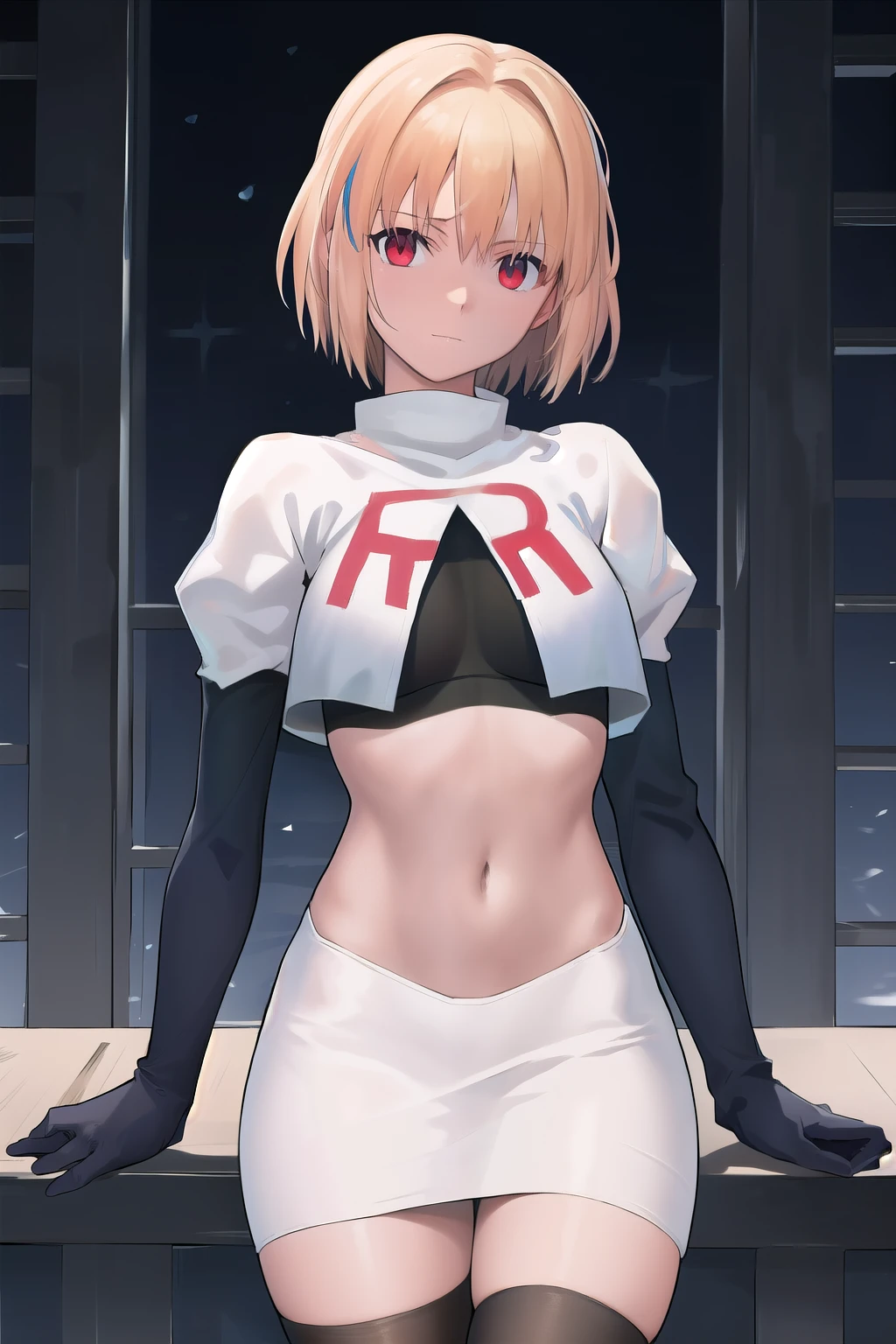 arcueid \\(tsukihime\\),arcueid \\,1girl,solo,(cowboy shot:1.2),best quality,masterpiece,original, extremely detailed 8K wallpaper, extremely delicate and beautiful,colorful,intricate detail,mature female,Perfect female,high quality,high res,medium breasts,team rocket,team rocket uniform,white skirt,red letter R,crop top,black thigh-highs,black elbow gloves