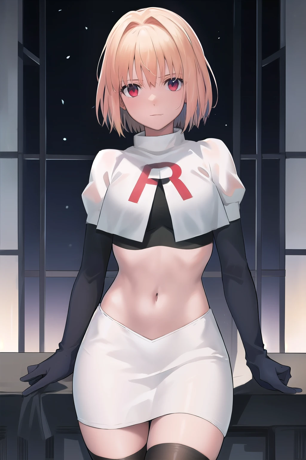 arcueid \\(tsukihime\\),arcueid \\,1girl,solo,(cowboy shot:1.2),best quality,masterpiece,original, extremely detailed 8K wallpaper, extremely delicate and beautiful,colorful,intricate detail,mature female,Perfect female,high quality,high res,medium breasts,team rocket,team rocket uniform,white skirt,red letter R,crop top,black thigh-highs,black elbow gloves