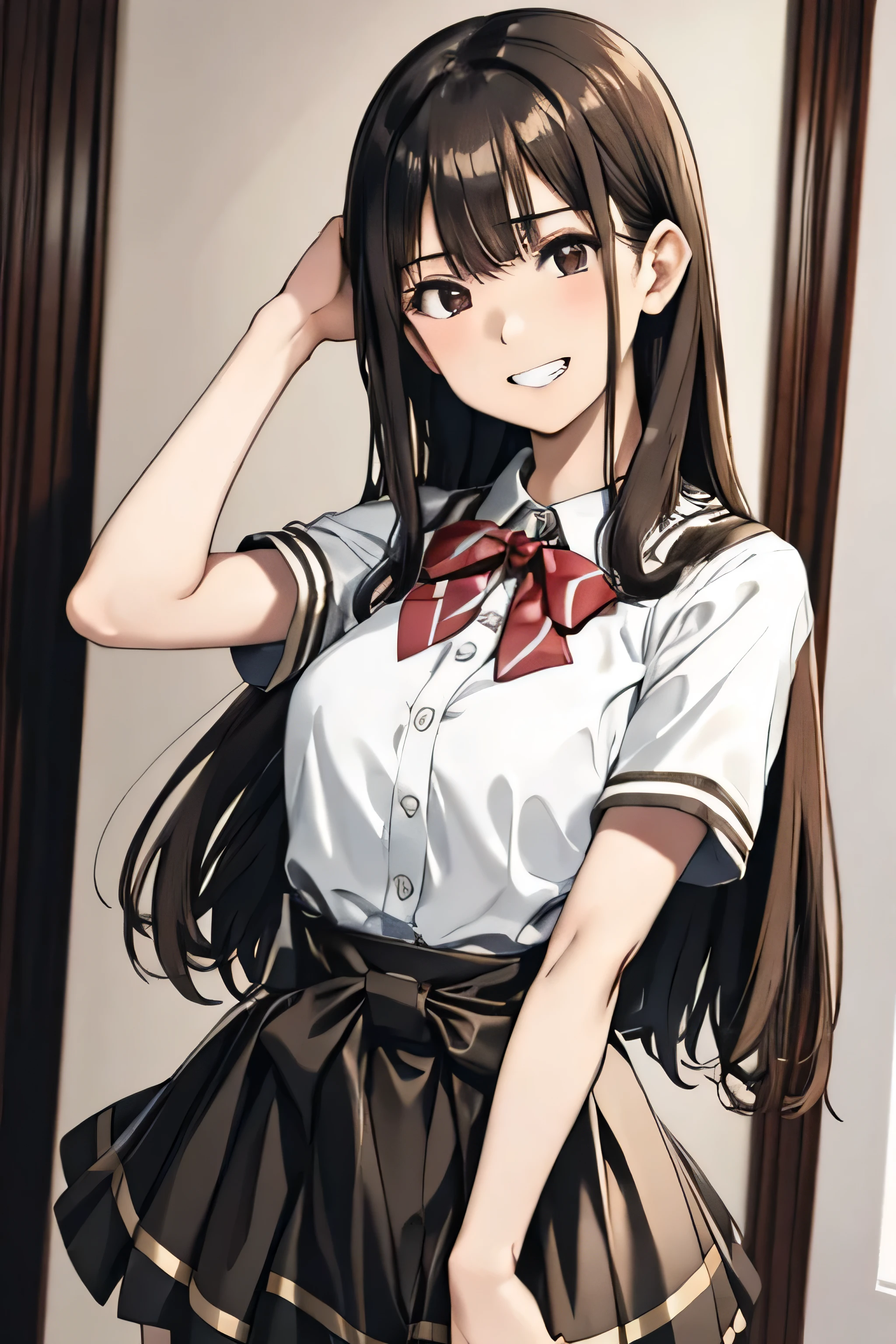 1girl,solo, long straight dark hair, white skin, blush,2000s,masterpiece,ultra-detailed,high resolution,perfect body,detailed long hair,detailed brown eyes, anime, (illustration:1.0), beautiful fingers, beautiful hands, grin, moon face, cinematic lighting, medium breasts, (cleveage:1.3), high school, with tanned skin, wearing a, shorter skirt, Gyaru, curly hair, Heavy makeup, thin eyebrows, clothes around waist, arms behind back, breasts out