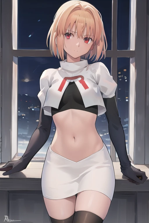 arcueid \\(tsukihime\\),arcueid \\,1girl,solo,(cowboy shot:1.2),best quality,masterpiece,original, extremely detailed 8K wallpaper, extremely delicate and beautiful,colorful,intricate detail,mature female,Perfect female,high quality,high res,medium breasts,team rocket,team rocket uniform,white skirt,red letter R,crop top,black thigh-highs,black elbow gloves