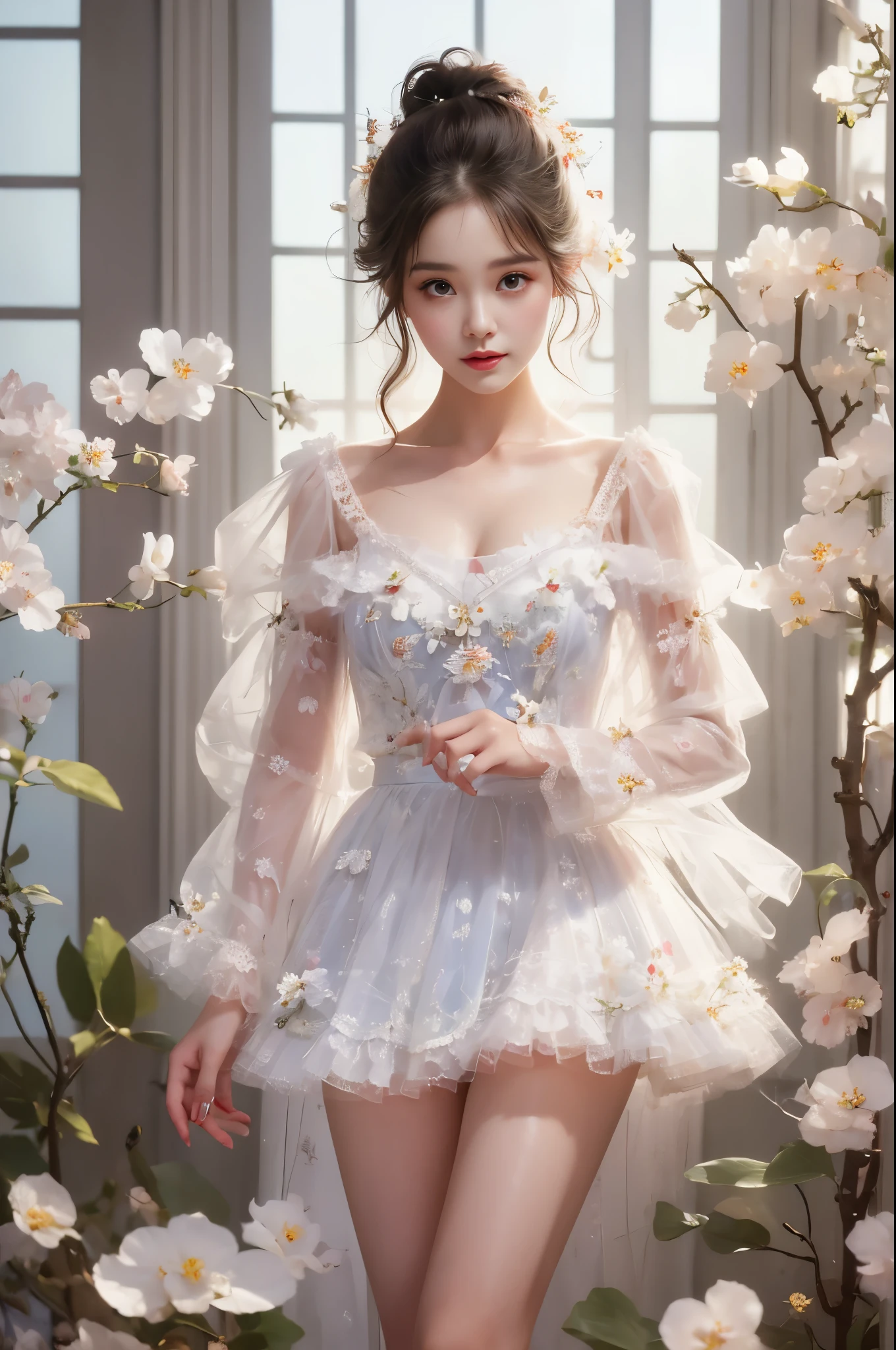 dress, bouffont dress, transparent long sleeves, daisies, cherry,(Quality Improvement:1.4),1girl, ((在water池里戏water, Soaked)), ((water花飞溅, water滴, water流, water,流动的water,water,流动的water滴,飞溅的water喷,飞溅的water滴,water滴落,The beating waves,)), Elegant posture, ((Emphasize sexy long legs)), Full breasts,Visible cleavage,Sexy long legs,The skirt is short,((She gently lifted her skirt with one hand.)),Surrounded by white Phalaenopsis orchids,Lilac dendrobium、White Lily, Flying petals,(Top quality leather), Delicate face,Black Hair, Gradient hair, Body,(Body1.1), He has a precious gem on his forehead...., Excellent students,Long eyelashes,Smile, Surrealism, Movie Lighting, Projection Insert, Surrealism, Ultra HD, masterpiece,lie,Keep dreaming,Open your legs slightly.,Tattoo,Fantasy Space,Luxurious space,Exquisite makeup,blush,Shy expression