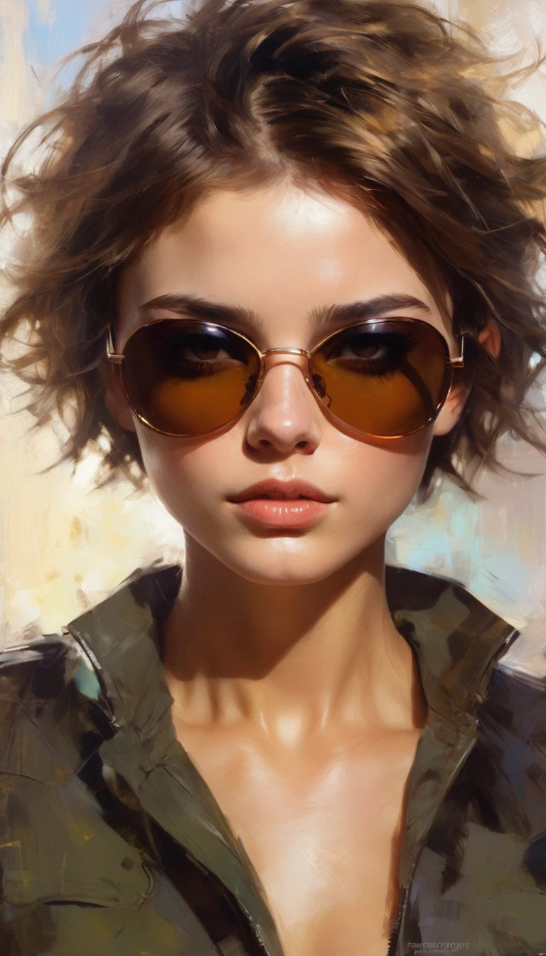 An 20yo woman with a sensational body, aviator sunglasses, short hair, messy hair, sensual, bold pose, colored fine art, unfinished art, subtle delight, unconventional lighting, technical mastery of anatomy, dynamic angle, dynamic pose, beautiful composition, (outstanding composition, masterpiece:1.4), notable influential artwork, by casey baugh
