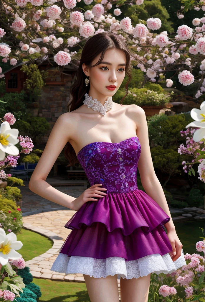 a beautiful woman with vibrant purple eyes, long eyelashes, and detailed facial features wearing a strapless layered dress in an outdoor garden setting, surrounded by white flowers, high collar, black gloves, bare legs, (best quality,4k,8k,highres,masterpiece:1.2),ultra-detailed,(realistic,photorealistic,photo-realistic:1.37),highly detailed,stunning,serene,elegant,dramatic,fantasy,dreamy,ethereal,vibrant colors