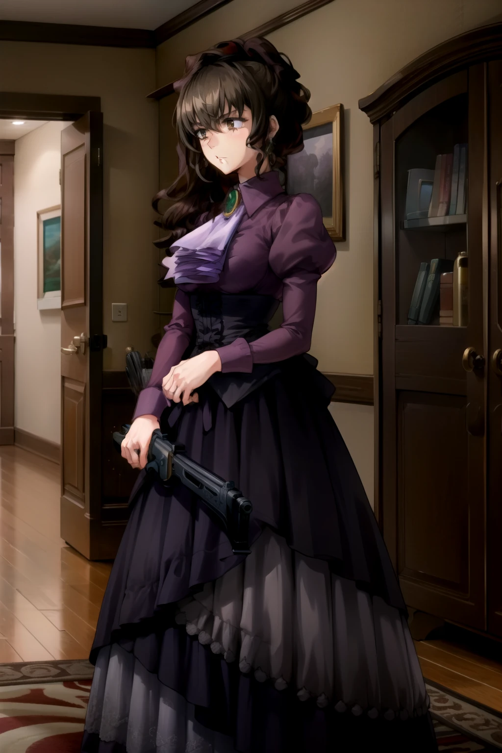 masterpiece,Highest quality,One girl,Mature Woman,Ushiromiya Natsuhi,Earrings,Violet Dress,Long dress,Side Ponytail,Purple Shirt,Ascot,brooch,corset,Are standing,Look to the side,Winchesterライフル,Have a weapon,Winchester,Shotgun,Luxury villa interior,