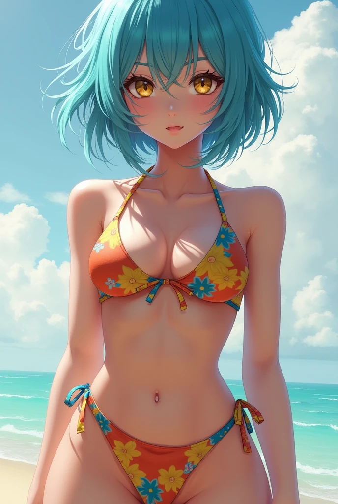 highest quality、Realistic、woman、Japanese、zoom、cute、Ocean、Cobalt blue eyes、Green hair、short hair、Swimwear、Face close-up、thin、Small breasts
