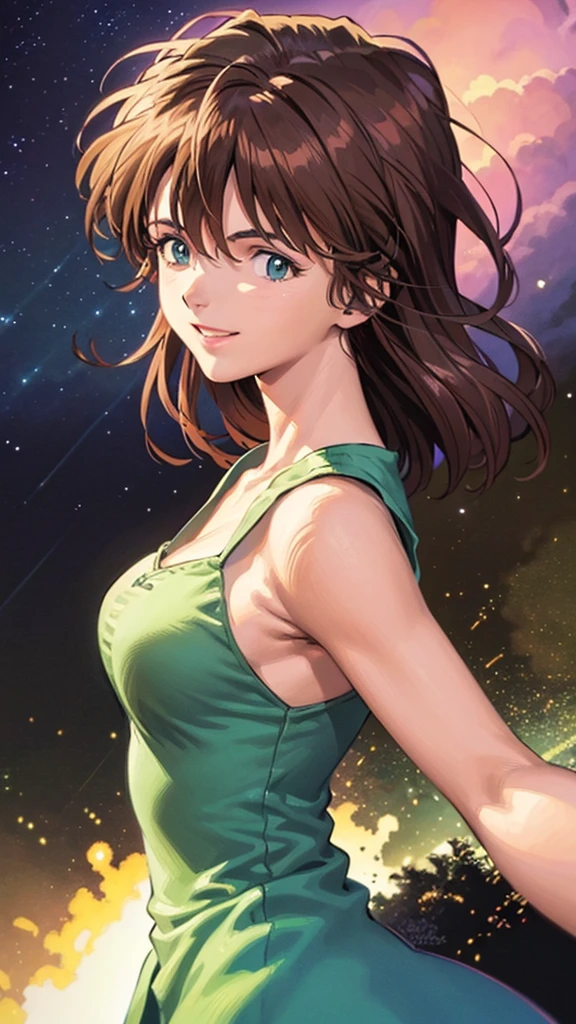 1girl, Mana Kirishima, Evangelion anime, 90s anime style, short brown hair, green eyes, white dress, smiling, highly detailed, masterpiece, 8k, photorealistic, cinematic lighting, dramatic pose, warm color palette, beautiful detailed eyes, beautiful detailed lips, extremely detailed face and portrait