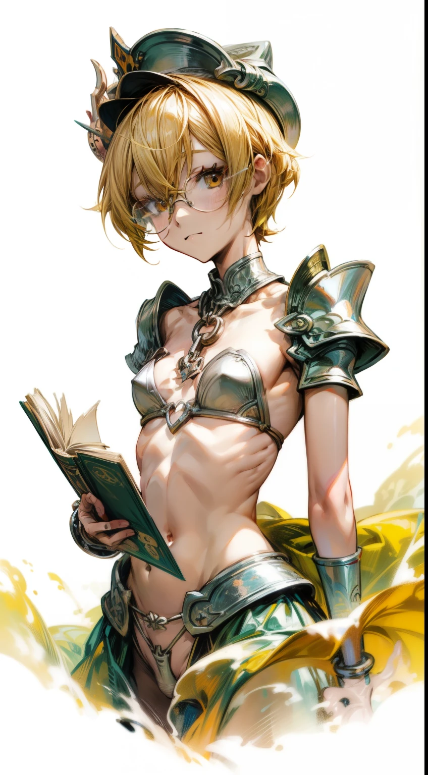 （Marco）,Perfect ,don quixote \(limbus company\, Naked、Blonde hair, a beauty girl、eye glasses、middlebreasts、Short hair, hair between eye, Orange Eyes、String bra、the chest is perfectly visible、pierced nipple、Chain scientist hat from the nipple、Basketball Hand、armor、`She has a book and a sword、(Bachelor's degree in Medieval Europe )､Cowboy style、hiqcgbody