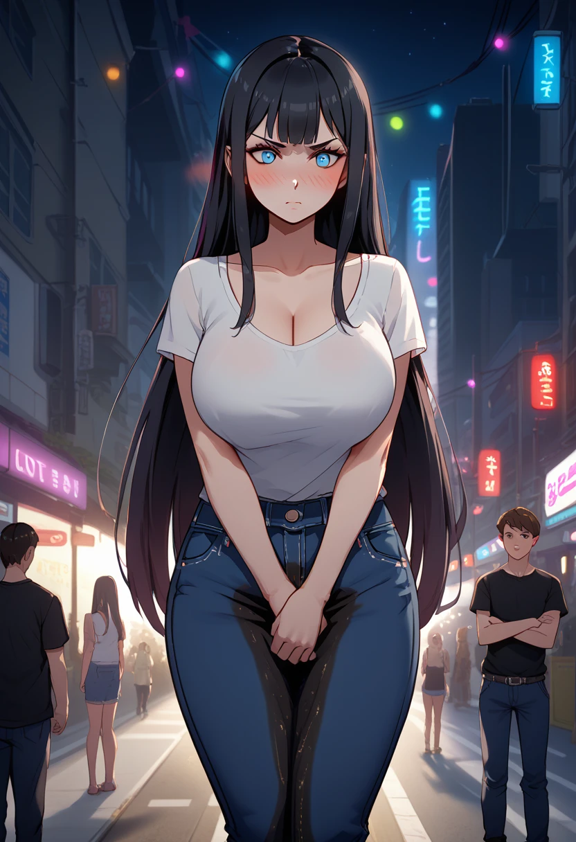 1girl, woman, (wetting self:1.5), desperation, (very long hair:1.5), straight hair, medium bangs, huge breasts, black hair, blue eyes, jeans, cleavage, (blushing:1.5), humiliation, angry, trembling, (arms crossed:1.5), city, street, crowd, night, futuristic, colorful lights, colorful city, (saturated:1.5)