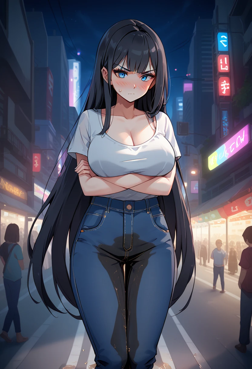 1girl, woman, (wetting self:1.5), desperation, (very long hair:1.5), straight hair, medium bangs, huge breasts, black hair, blue eyes, jeans, cleavage, (blushing:1.5), humiliation, angry, trembling, (arms crossed:1.5), city, street, crowd, night, futuristic, colorful lights, colorful city, (saturated:1.5)