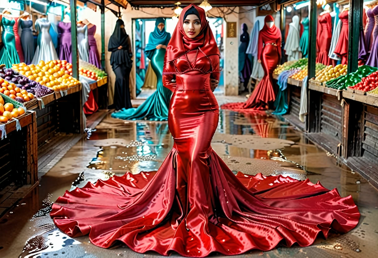 A woman clad in 9 meters of luxurious red satin, tight clothing from the waist to the thighs and mermaid shape on the bottom of dress, tied tightly and magnificently draped along her body shape, 9 meter long flowing dress tail on the floor, styled in mermaid inspired clothing, her head is simply veiled in a satin hijab, 185cm tall woman, standing wet traditional market, full body pose conveying an elegant impression, caught on camera in resolution 4k, very realistic