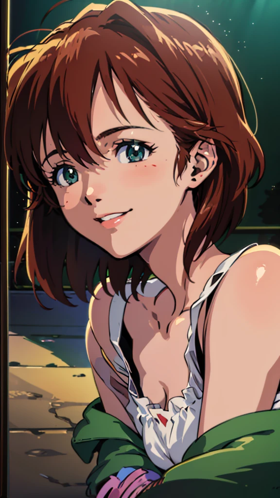 1girl, Mana Kirishima, Evangelion anime, 90s anime style, short brown hair, green eyes, white dress, smiling, highly detailed, masterpiece, 8k, photorealistic, cinematic lighting, dramatic pose, warm color palette, beautiful detailed eyes, beautiful detailed lips, extremely detailed face and portrait