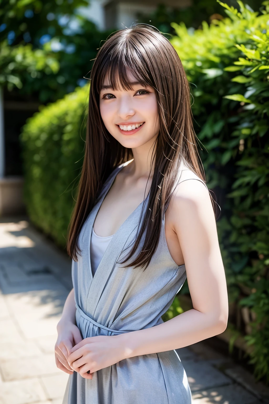 (realistic, photo-realistic:1.4), (best quality, masterpiece), high resolution, intricate details, extremely detailed, sharp focus, portrait, frontal photography, solo, a Japanese female idol, (summer dress), model pose, (tiny breasts, flat chest, poor size bust:1.4), dark hair, straight hair, blunt bangs, (detailed face, detailed eyes, sophisticated nose, realistic nostrils), pale skin, big smile, photo background, indoors,