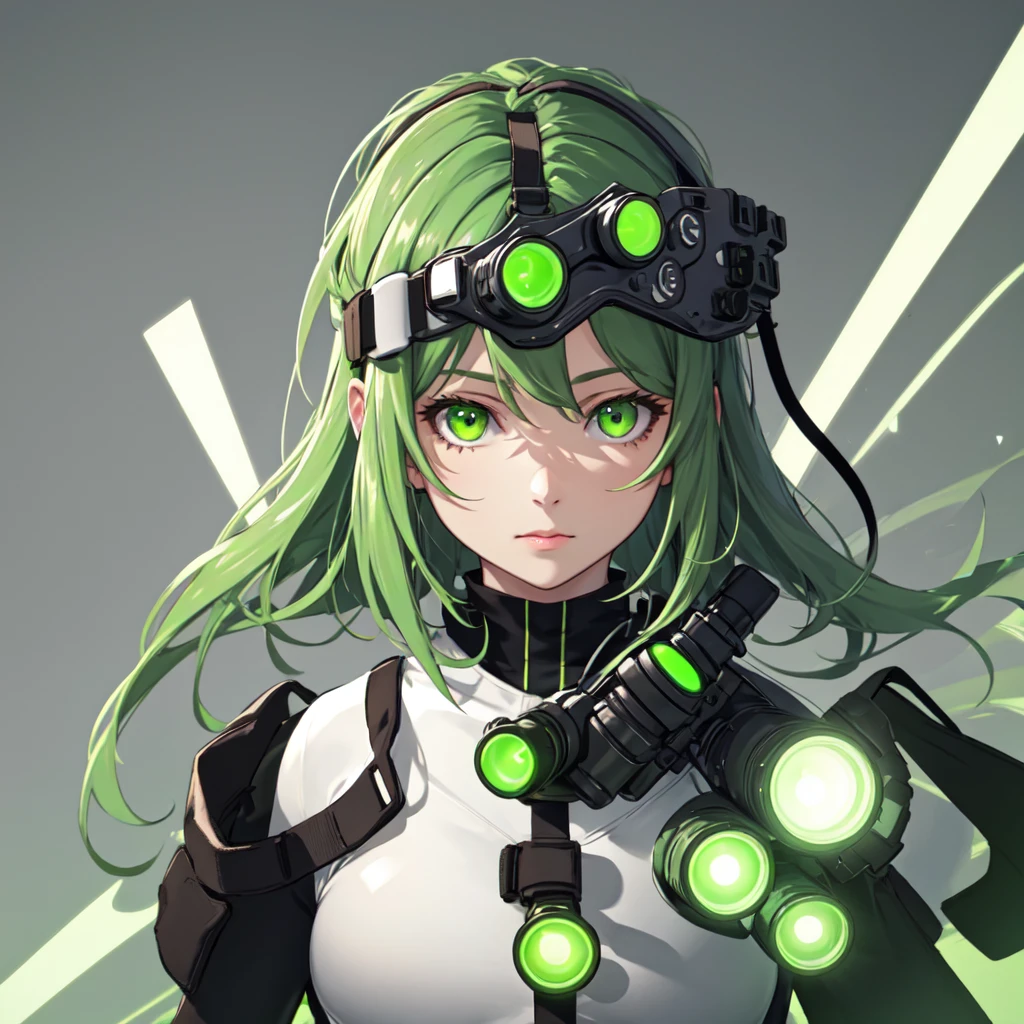 nvg, line drawing, goggles on head, green eyes, glowing, glowing eyes, simple background, girl, solo, ((upper body, face and shoulder portait)),  