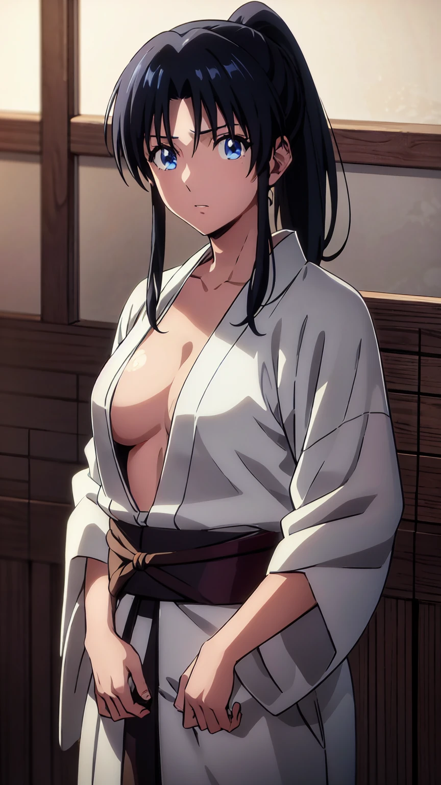 Kaorukamiya, Kaoru Kamiya, Blue eyes, black hair, ponytail,
BREAK japanese clothes, open clothes, kimono, bandages, hakama, sarashi, open kimono, chest sarashi,Big Breasts、
BREAK looking at viewer,
BREAK indoors,
BREAK (masterpiece:1.2), best quality, high resolution, unity 8k wallpaper, (illustration:0.8), (beautiful detailed eyes:1.6), extremely detailed face, perfect lighting, extremely detailed CG, (perfect hands, perfect anatomy),