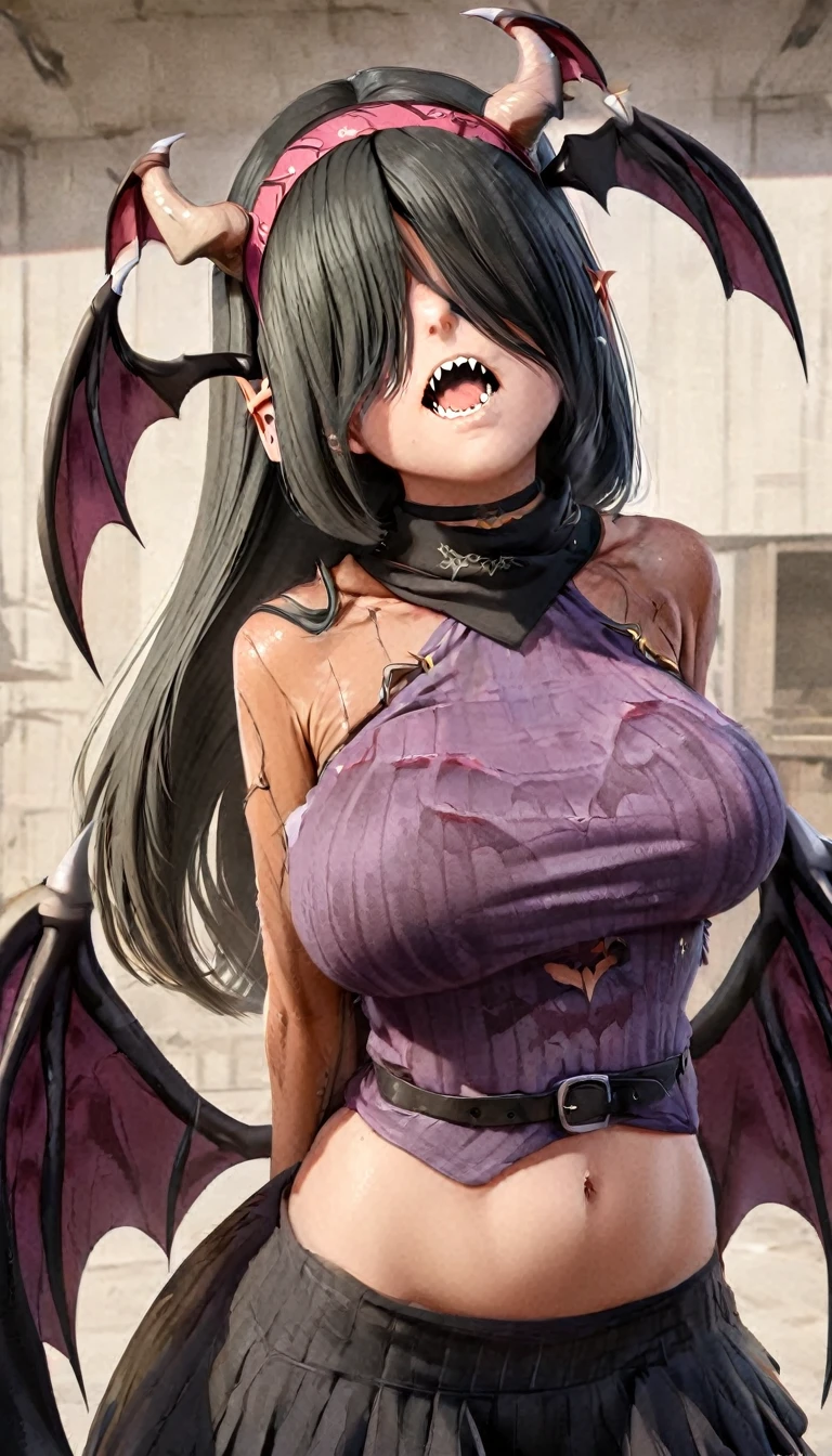 Rosto detalhado, grandes olhos, sharp teeth, hair over eyes, hairband, demon horns, demon wings, long hair, pointy ears, elf, black hair, corpo inteiro, peitos muito grandes 