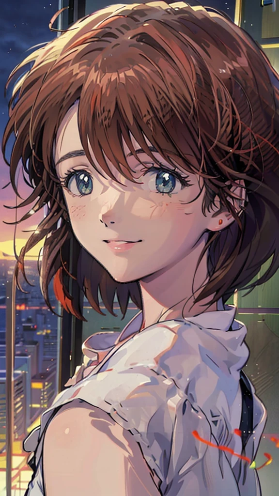 1girl, Mana Kirishima, Evangelion anime, 90s anime style, short brown hair, green eyes, white dress, smiling, highly detailed, masterpiece, 8k, photorealistic, cinematic lighting, dramatic pose, warm color palette, beautiful detailed eyes, beautiful detailed lips, extremely detailed face and portrait