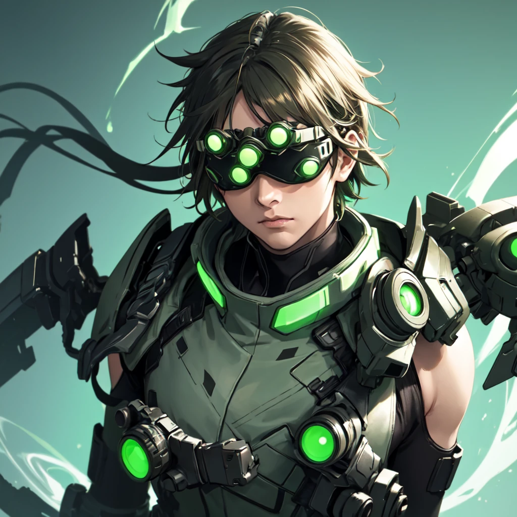 Yoji Shinkawa style, goggles on head, green eyes, glowing, glowing eyes, simple background, 1boy, solo, ((upper body, face and shoulder portait)),  