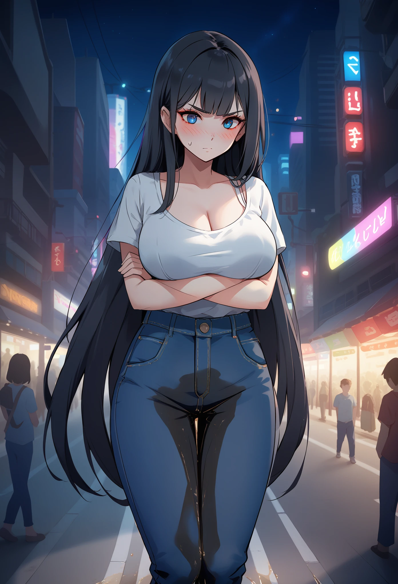 1girl, woman, (wetting self:1.5), desperation, (very long hair:1.5), straight hair, medium bangs, huge breasts, black hair, blue eyes, jeans, cleavage, (blushing:1.5), humiliation, angry, trembling, (arms crossed:1.5), city, street, crowd, night, futuristic, colorful lights, colorful city, (saturated:1.5)