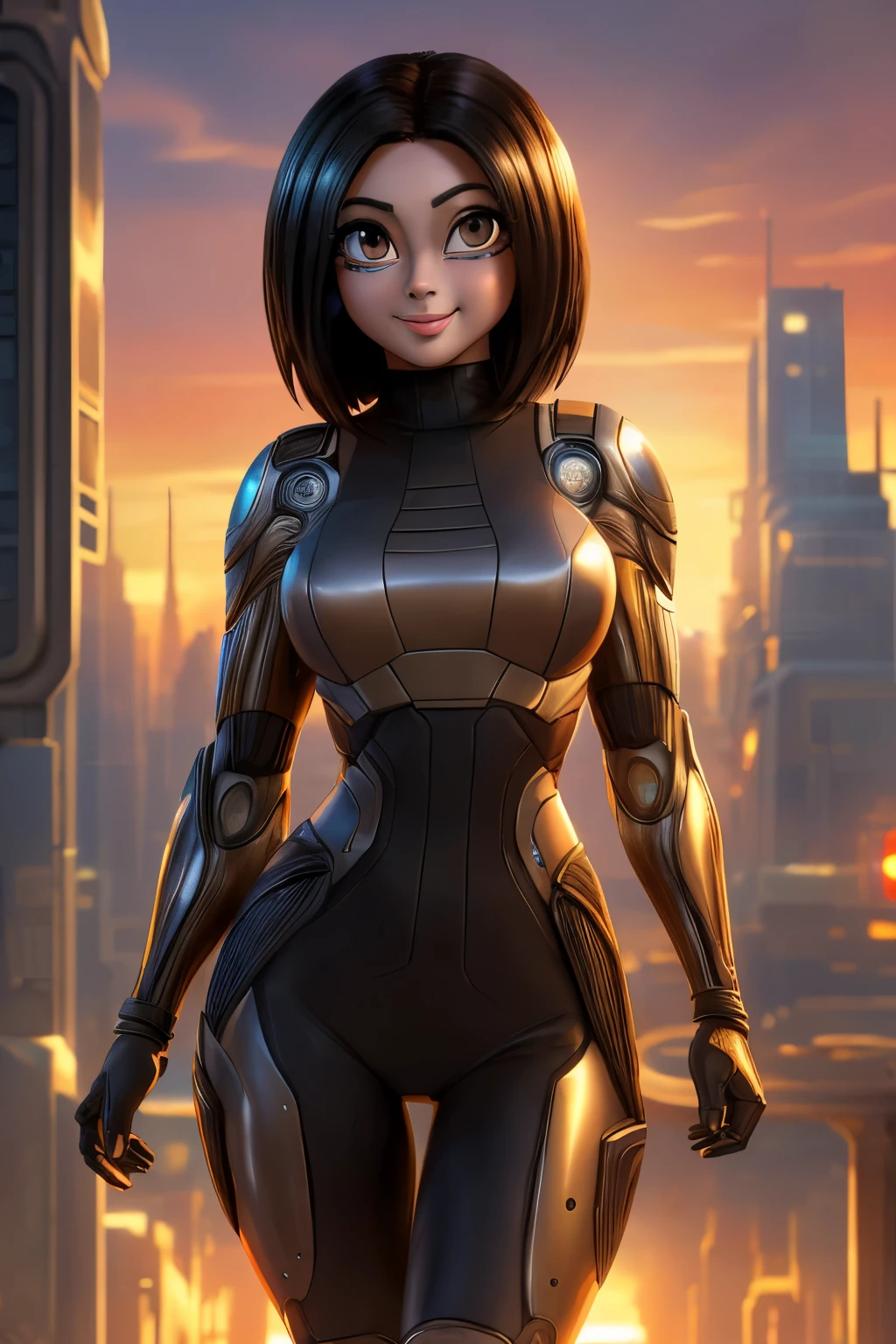 ((ultra quality)), ((Masterpiece artwork)), Alita battle angel, ((blackw, shorth hair)) (Beautiful cute face), (beautiful female lips), enchanting, ((excited expression)), looks at the camera with a gentle smile, eyes are slightly closed, (white skin color), Body shine, ((beautiful detailed female eyes)), ((lightbrown eyes)), (juicy female lips), (beautiful female hands), ((perfect female figure)), perfect female body, beautiful waist, BEAUTIFUL BIG THIGHS, beautiful breasts, ((subtle and beautiful)), he is, (close do rosto), (Alita costume) fund: cyberpunk city, beautiful sunset, ((Depth of field)), ((high quality clear image)), (sharp details), ((highy detailed)), realisitic, professional photo session, ((Focus Clear)), the anime