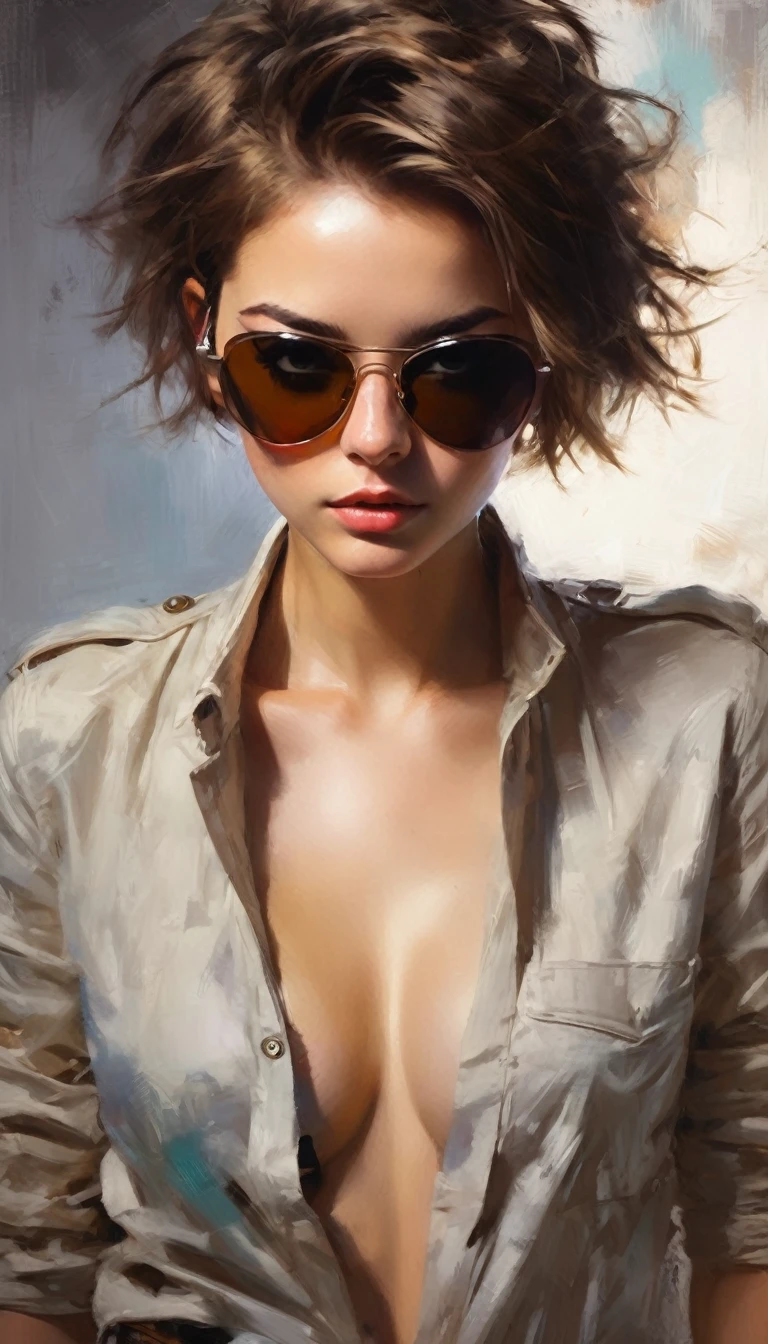 An 20yo woman with a sensational body, aviator sunglasses, short hair, messy hair, sensual, bold pose, colored fine art, unfinished art, subtle delight, unconventional lighting, technical mastery of anatomy, dynamic angle, dynamic pose, beautiful composition, (outstanding composition, masterpiece:1.4), notable influential artwork, by casey baugh
