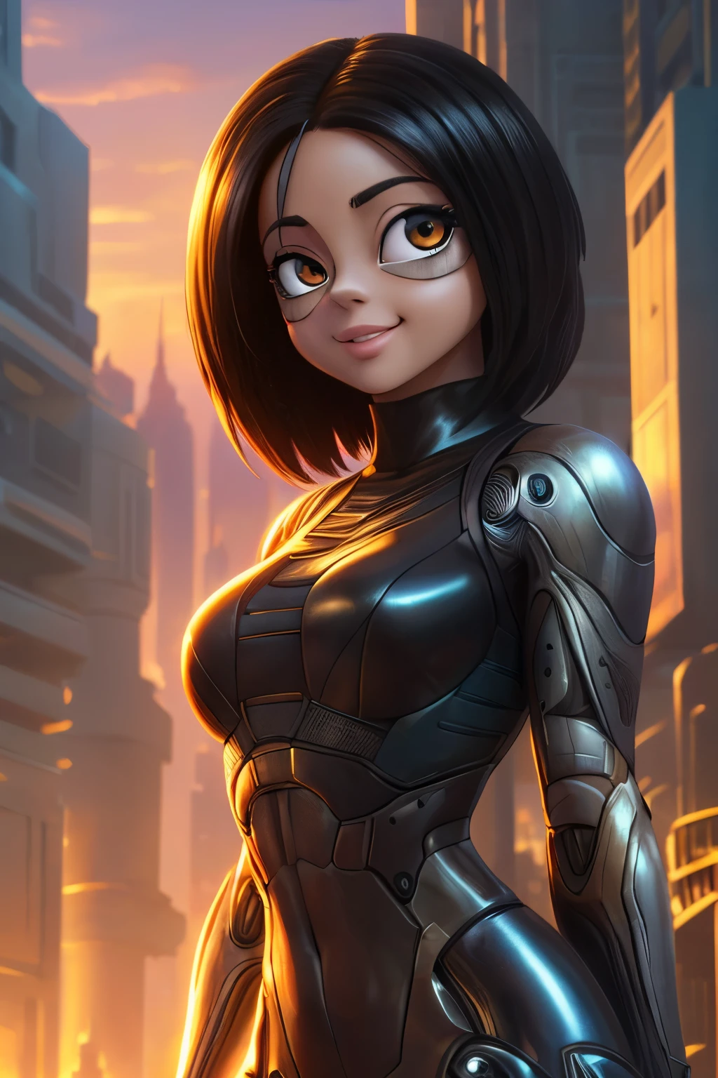 ((ultra quality)), ((Masterpiece artwork)), Alita battle angel, ((blackw, shorth hair)) (Beautiful cute face), (beautiful female lips), enchanting, ((excited expression)), looks at the camera with a gentle smile, eyes are slightly closed, (white skin color), Body shine, ((beautiful detailed female eyes)), ((lightbrown eyes)), (juicy female lips), (beautiful female hands), ((perfect female figure)), perfect female body, beautiful waist, BEAUTIFUL BIG THIGHS, beautiful breasts, ((subtle and beautiful)), he is, (close do rosto), (Alita costume) fund: cyberpunk city, beautiful sunset, ((Depth of field)), ((high quality clear image)), (sharp details), ((highy detailed)), realisitic, professional photo session, ((Focus Clear)), the anime