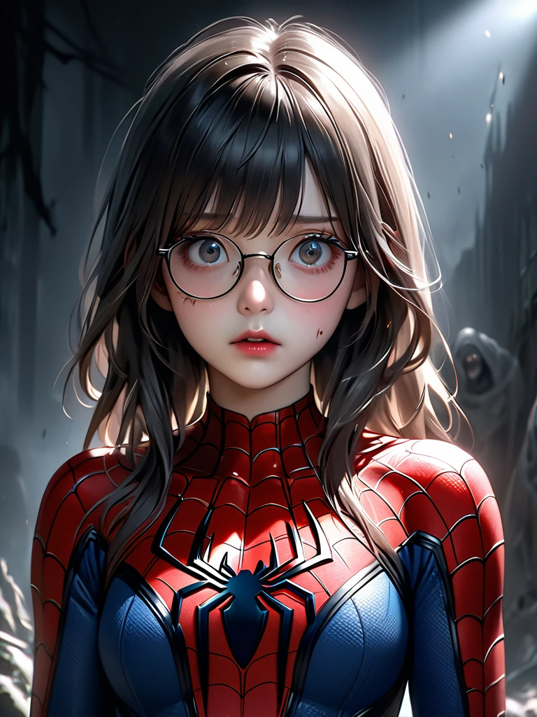 1girl,korean girl,girl wearing glasses,girl in spiderman costume,torn spiderman costume,girl held by monsters,scared girl(best quality,4k,8k,highres,masterpiece:1.2),ultra-detailed,(realistic,photorealistic,photo-realistic:1.37),highly detailed face,extremely detailed eyes and face,longeyelashes,detailed facial features,dramatic lighting,cinematic lighting,moody lighting,dark fantasy,horror,dark,ominous