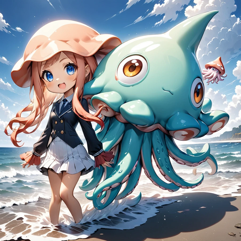 Squid and squid character　Ocean　front　whole body　Real