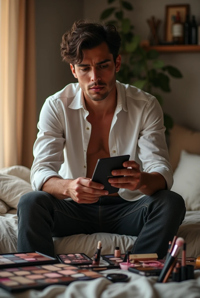 Naked private body of a black-haired, black-bearded, shaved, muscular man lying on the bed, taking selfie from the phone screen