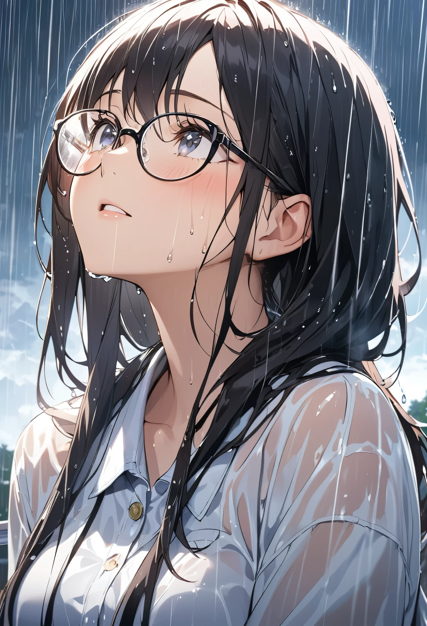 Girl with glasses getting wet in the rain、Looking up at the sky, I'm completely soaked、Her white blouse is wet and her pink bra is faintly visible、High school girls、Long hair is wet and dripping、