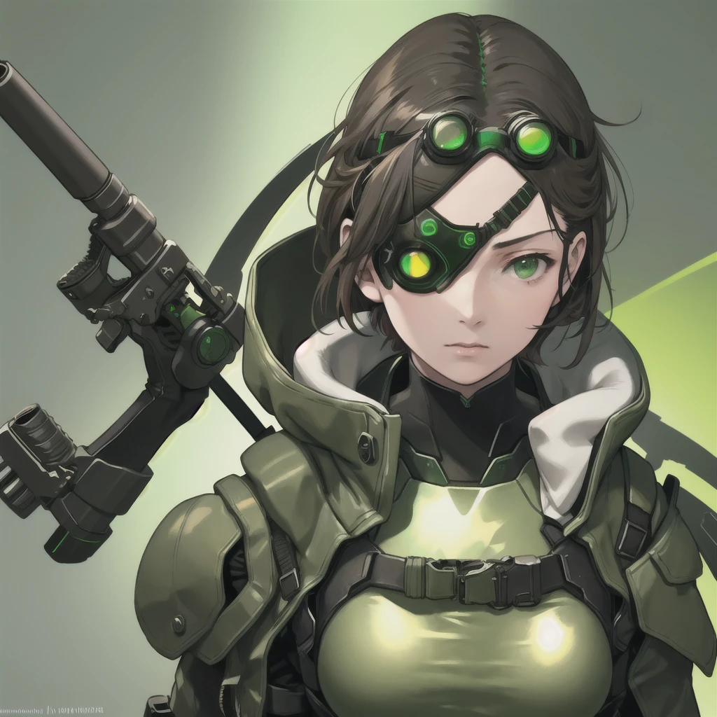 Yoji Shinkawa style, goggles on head, green eyes, glowing, glowing eyes, simple background, girl, solo, ((upper body, face and shoulder portait)), metal gear solid