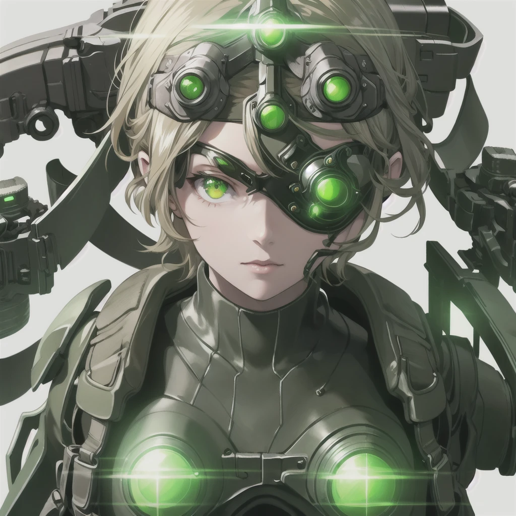 goggles on head, green eyes, glowing, glowing eyes, simple background, girl, solo, ((upper body, face and shoulder portait)), metal gear solid