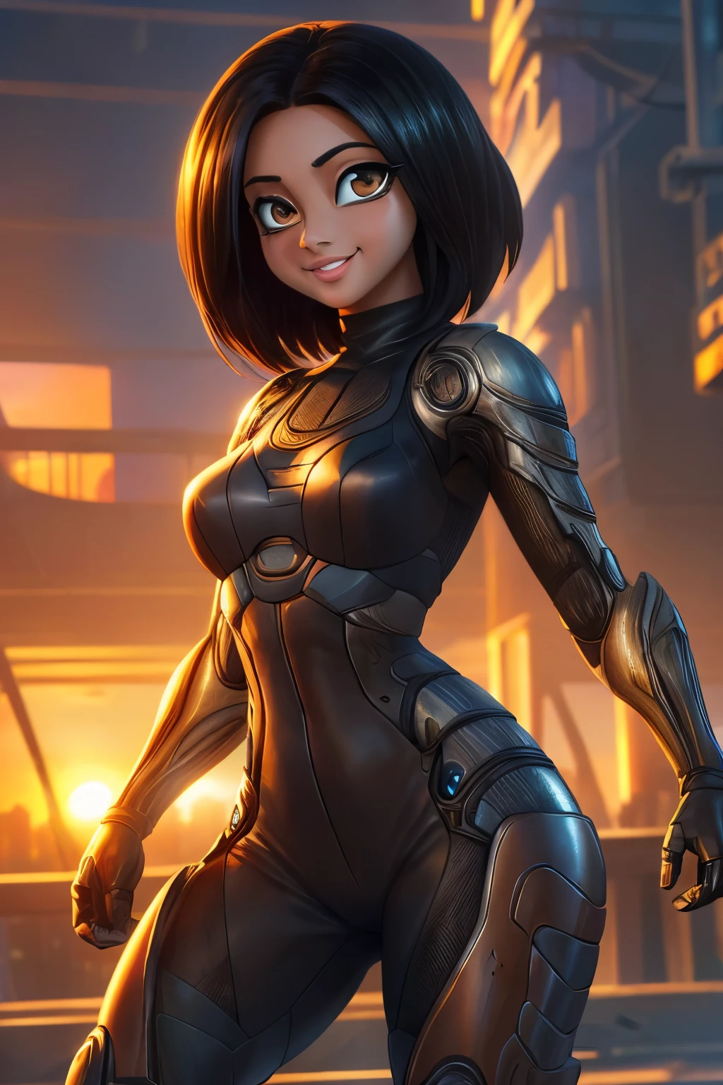 ((ultra quality)), ((Masterpiece artwork)), Alita battle angel, ((blackw, shorth hair)) (Beautiful cute face), (beautiful female lips), enchanting, ((excited expression)), looks at the camera with a gentle smile, eyes are slightly closed, (white skin color), Body shine, ((beautiful detailed female eyes)), ((lightbrown eyes)), (juicy female lips), (beautiful female hands), ((perfect female figure)), perfect female body, beautiful waist, beautiful thighs, beautiful breasts, ((subtle and beautiful)), he is, (close do rosto), (Alita costume) fund: cyberpunk city, beautiful sunset, ((Depth of field)), ((high quality clear image)), (sharp details), ((highy detailed)), realisitic, professional photo session, ((Focus Clear)), the anime