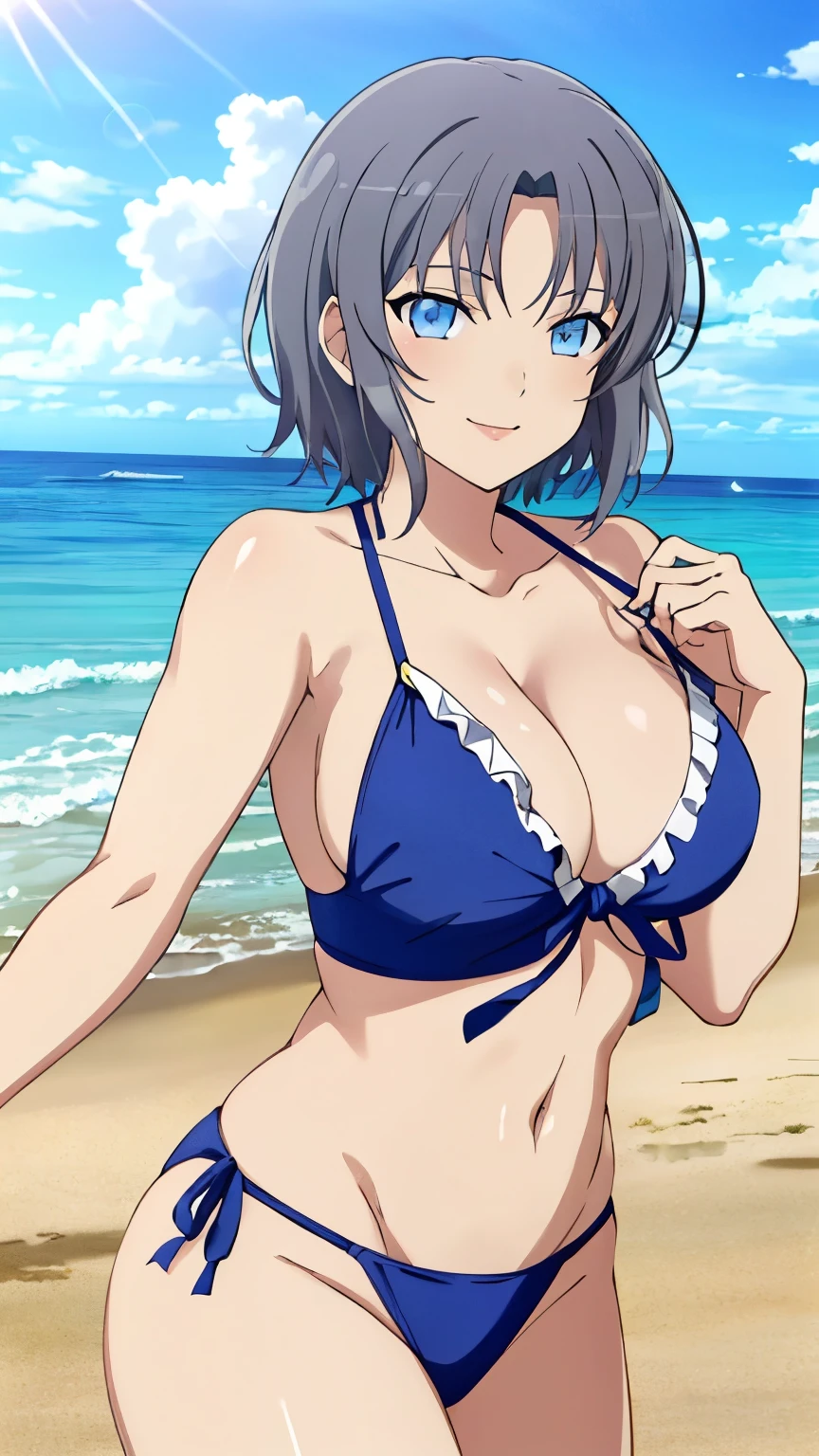 (masterpiece, best quality, high resolution, 8k:1.2), Anime coloring, yumi (senran kagura), 1girl, solo, , grey hair, short hair, blue eyes, Glamour, Large medium breasts, definition CG unity, Perfect lit, bright_front_face_lit, Super detailed, 8K, nffsw, High resolution, (absurd:1.2), kodak portrait 400, film grain, Lens flare, (lively_color:1.2), looking at the viewer, (cowboy shot:1.2), dynamic angle, (Swimsuit, frills, beach, smile)