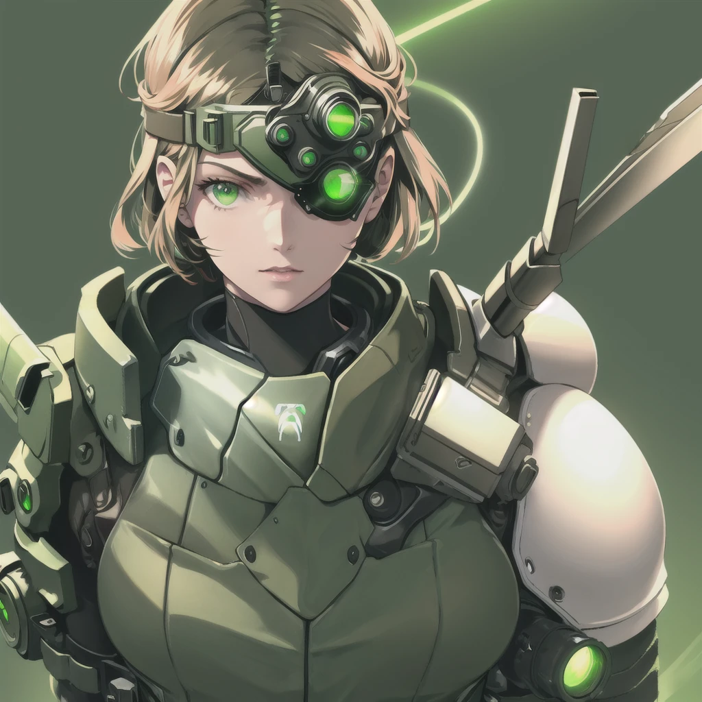 goggles on head, green eyes, glowing, glowing eyes, simple background, girl, solo, ((upper body, face and shoulder portait)), metal gear solid, xbox