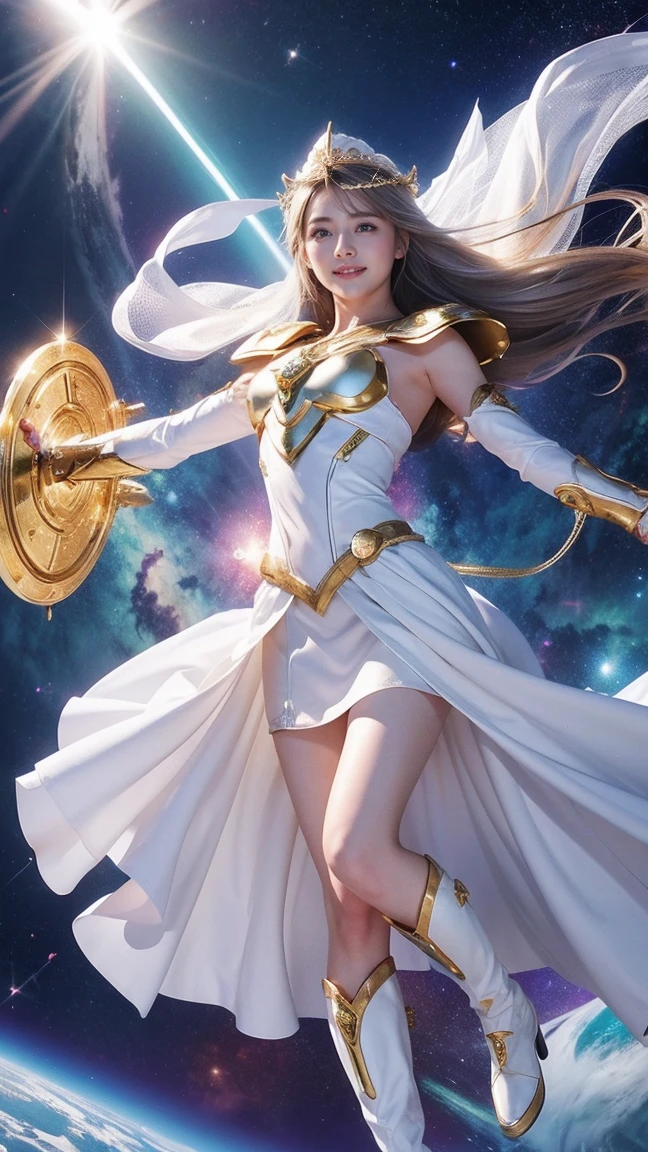 1girl, The Universe, Space Goddess,God's Law, Goddess of Love, Selflessness、Dedication、Sacrifice、prayer、acceptance、Salvation、White Magic, Mystical veil, Goddess in white armor、White armor with gold edges、White Skirt、White Boots、He is holding a shield.、Circlet、Absorbs the laser beam、Emits white energy in all directions、smile